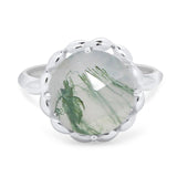 Art Deco Natural Green Moss Agate Flower Ring 925 Sterling Silver