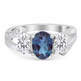 Three Stone Oval Lab Alexandrite Split Shank Ring 925 Sterling Silver