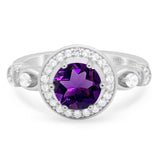 Vintage Style Round Natural Amethyst Halo Wedding Ring 925 Sterling Silver