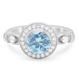 Vintage Style Round Natural Aquamarine Halo Wedding Ring 925 Sterling Silver