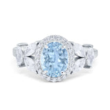Oval Natural Aquamarine Halo Vintage Style Accent Ring 925 Sterling Silver
