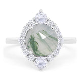 Art Deco Round Natural Green Moss Agate Halo Ring 925 Sterling Silver