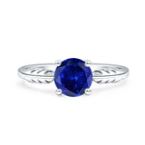 Art Deco Round Blue Sapphire CZ leaf Solitaire Ring 925 Sterling Silver
