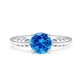 Art Deco Round Blue Topaz CZ leaf Solitaire Ring 925 Sterling Silver