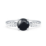 Round Natural Black Onyx Leaf Solitaire Ring 925 Sterling Silver