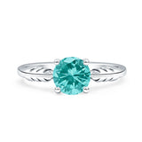 Art Deco Round Paraiba Tourmaline CZ leaf Solitaire Ring 925 Sterling Silver