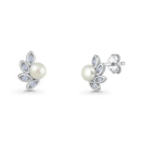 Minimalist 8mm Pearl Leaf Stud Earrings Cubic Zirconia 925 Sterling Silver