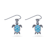 Art Deco 15.5mm Lab Created Blue Opal Dangle Turtle Fishhook Earring 925 Sterling Silver
