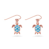 Art Deco 15.5mm Lab Created Blue Opal Dangle Turtle Fishhook Earring 925 Sterling Silver