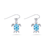 Art Deco 15.5mm Lab Created Blue Opal Dangle Turtle Fishhook Earring 925 Sterling Silver