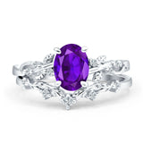 Two Piece 11.5mm Oval Amethyst CZ Chevron Ring 925 Sterling Silver