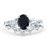 Two Piece 11.5mm Oval Black CZ Chevron Ring 925 Sterling Silver
