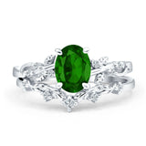 Two Piece 11.5mm Oval Green Emerald CZ Chevron Ring 925 Sterling Silver