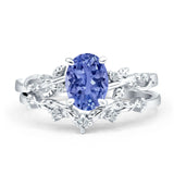 Two Piece 11.5mm Oval Tanzanite CZ Chevron Ring 925 Sterling Silver