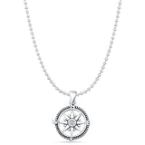 Cubic Zirconia Compass Pendant Bead Chain Necklace 925 Sterling Silver