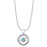 Lab Created Blue Opal Compass Pendant Rope Chain Necklace 925 Sterling Silver