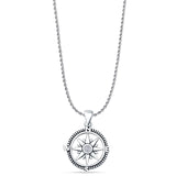 Cubic Zirconia Compass Pendant Rope Chain Necklace 925 Sterling Silver