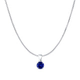Blue Sapphire CZ Round Pendant Box Chain Necklace 925 Sterling Silver