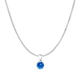 Blue Topaz CZ Round Pendant Box Chain Necklace 925 Sterling Silver