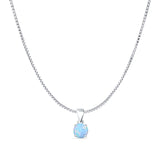 Lab Created Light Blue Opal Round Pendant Box Chain Necklace 925 Sterling Silver