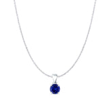 Blue Sapphire CZ Round Pendant Cable Chain Necklace 925 Sterling Silver
