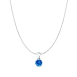 Blue Topaz CZ Round Pendant Cable Chain Necklace 925 Sterling Silver