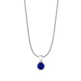 Blue Sapphire CZ Round Pendant Rope Chain Necklace 925 Sterling Silver