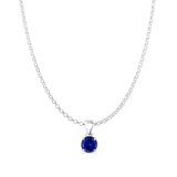 Blue Sapphire CZ Round Pendant Rolo Chain Necklace 925 Sterling Silver