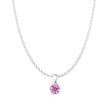 Pink CZ Round Pendant Rolo Chain Necklace 925 Sterling Silver