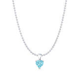 Aquamarine CZ Heart Pendant Bead Chain Necklace 925 Sterling Silver