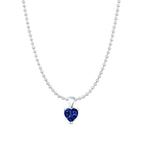 Blue Sapphire CZ Heart Pendant Bead Chain Necklace 925 Sterling Silver