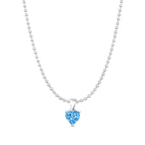 Blue Topaz CZ Heart Pendant Bead Chain Necklace 925 Sterling Silver