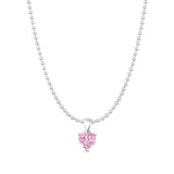 Pink CZ Heart Pendant Bead Chain Necklace 925 Sterling Silver