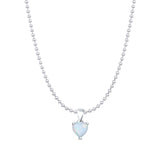 Lab Created White Opal Heart Pendant Bead Chain Necklace 925 Sterling Silver