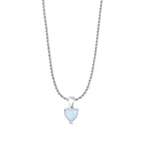 Lab Created White Opal Heart Pendant Rope Chain Necklace 925 Sterling Silver