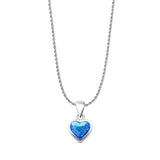 Lab Created Blue Opal Heart Solitaire Pendant Rope Chain Necklace 925 Sterling Silver