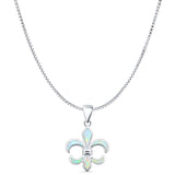 Lab Created White Opal Fleur De Lis Pendant Box Chain Necklace 925 Sterling Silver