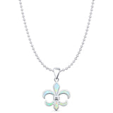 Lab Created White Opal Fleur De Lis Pendant Bead Chain Necklace 925 Sterling Silver