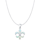 Lab Created White Opal Fleur De Lis Pendant Cable Chain Necklace 925 Sterling Silver