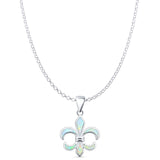 Lab Created White Opal Fleur De Lis Pendant Rolo Chain Necklace 925 Sterling Silver