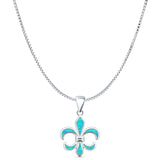 Lab Created Blue Opal Fleur De Lis Pendant Box Chain Necklace 925 Sterling Silver