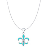 Lab Created Blue Opal Fleur De Lis Pendant Cable Chain Necklace 925 Sterling Silver