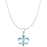Lab Created Blue Opal Fleur De Lis Pendant Rolo Chain Necklace 925 Sterling Silver