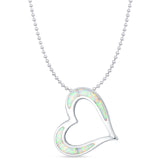Lab Created White Opal Heart Pendant Bead Chain Necklace 925 Sterling Silver