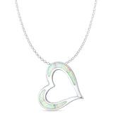 Lab Created White Opal Heart Pendant Rolo Chain Necklace 925 Sterling Silver