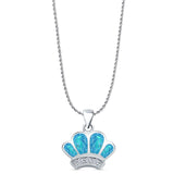 Lab Created Blue Opal Crown Pendant Rope Chain Necklace 925 Sterling Silver