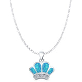 Lab Created Blue Opal Crown Pendant Rolo Chain Necklace 925 Sterling Silver