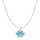 Lab Created Blue Opal Crown Pendant Box Chain Necklace 925 Sterling Silver