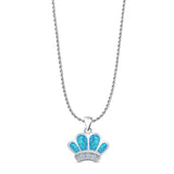 Lab Created Blue Opal Crown Pendant Rope Chain Necklace 925 Sterling Silver