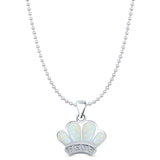 Lab Created White Opal Crown Pendant Bead Chain Necklace 925 Sterling Silver